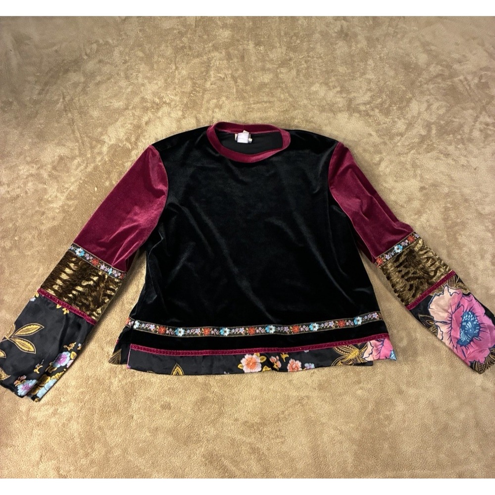VTG FL Malik Women Top XL Velvet Mixed Media Embroidered Floral Black Burgundy